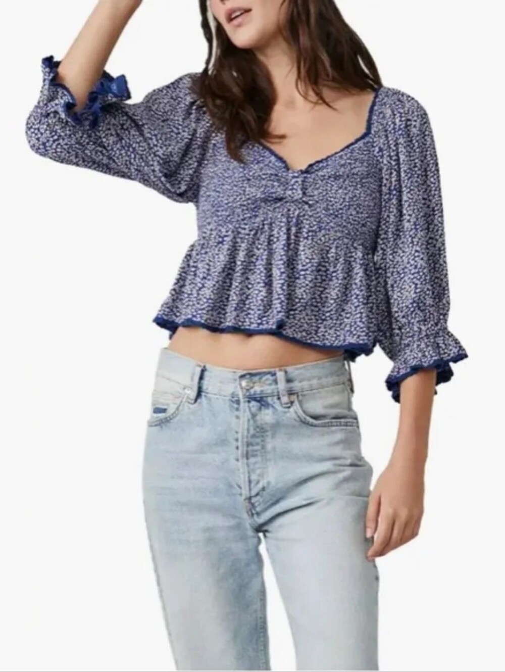 We The Free Britnee Smocked Peplum Top Blue Floral Size Large